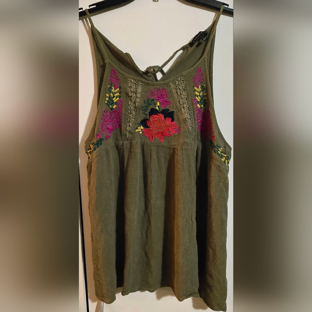 Staccato Olive Green Embroidered Tank Top